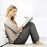 Woman writing chatline greeting