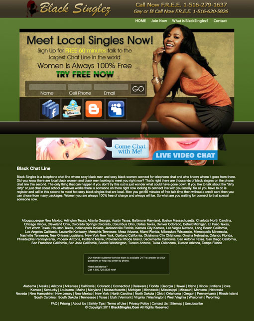 Black Singlez chatline's website screenshot