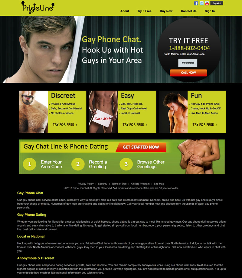 Prideline Gay Chatlines Homepage Screenshot